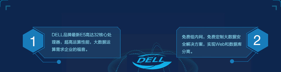 DELL品牌最新E5高达32核心处理器，超高运算性能，大数据运算性能，大数据运算需求；免费组内网，免费定制大数据安全解决方案，实现Web和数据库分离。
